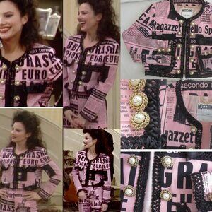 MOSCHINO COUTURE PINK NEWSPRINT DENIM JACKET FRAN DRESCHER US 8 1990 SMILE FACE